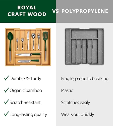 ROYAL CRAFT WOOD Luxury Bamboo Kitchen Drawer Organizer - Silverware Organizer - Utensil Holder and Cutlery Tray with Grooved Drawer Dividers for Flatware and Kitchen Utensils (9 Slot, Natural)