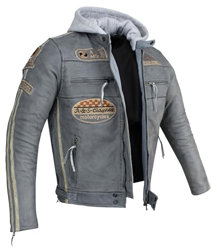 Herren Motorradjacke Lederjacke Biker Jacke mit Protektoren Leder Jacke mit Kapuze Leather Jacket Fashion Jacket Custom (DE/NL/SE/PL, Alphanumerisch, L, Regular, Regular, Grau)