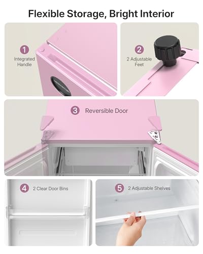 Image of Upstreman 2.5 Cu.Ft All-Refrigerator Mini Fridge, Single Door Small Refrigerator, Dorm Fridge with 7 Adjustable Thermostat, Compact Refrigerator for Office, Bedroom or Dorm, Pink-CR26