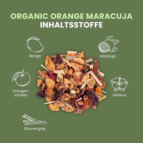 fitvia Bio Früchtetee Organic Orange Maracuja – 100g loser Tee mit Mango & Maracuja – Früchtetee ohne Zuckerzusatz, ohne Stevia, mit echten Fruchtstücken – Made in Germany