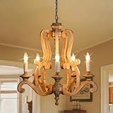 passong Farmhouse Wood Chandelier, 23.6' French Country Candle Chandelier, 5-Light Rustic Distressed Pendant Lighting Fixture with Adjustable Chain for Dining Room Kitchen Island Living Room Foyer