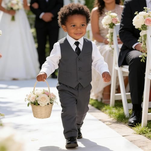 Image of Baby Boy Formal Suit for Toddler Infant Tuxedo Dress Suits | Little Gentleman, Wedding Ring Bearer Outfit, Vest Pants Long-Sleeve Shirt Tie, Birthday Party Christmas Prom, Classic