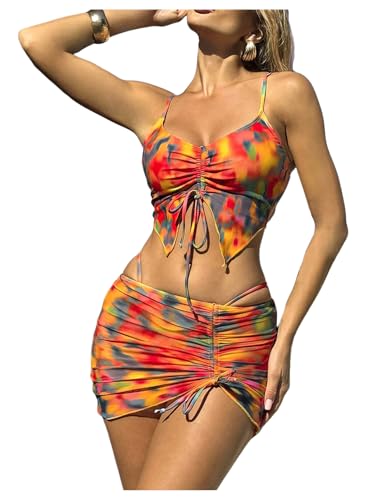 SweatyRocks Women's Tie Dye Thong Bikini Set Drawstring 3 Piece Swimsuit with Cover Up Skirt