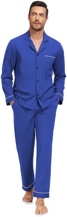 COLORFULLEAF Men's 100% Cotton Pajama Set Long Sleeve Button Down Top & Pants Soft Breathable Loungewear with Pockets(Cobalt Blue,L) - Image 6