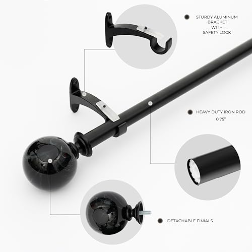 Image of Deco Window 18 inch-44 inch Adjustable Rustproof Curtain Rod for Doors & Windows with Brackets, Extendable Iron Metal Pipe Holder with Marble Ball Finials (Black,19MM Diameter)
