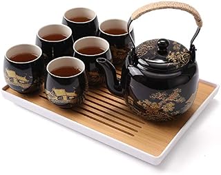 Dujust Japanese Tea Set, Black Porcelain Tea Set with 1 Teapot Set, 6 Tea Cups, 1 Tea Tray, 1 Stainless Infuser, Beautiful Asian Tea Set for Tea Lover/Women/Men (Countryside in Golden)