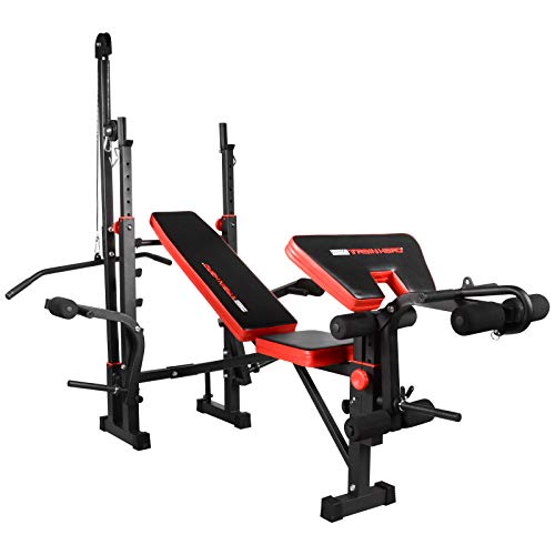 TrainHard Kraftstation Fitnesscenter Hantelbank schwarz/rot mit 1,6m Langhantelstange und 25kg Hantelscheiben – Bild 4