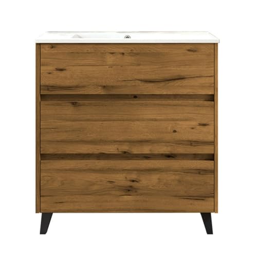 Kibath Mueble de Baño con Lavabo SIREX 100 cm 3 cajones con Patas Acabado Teca Claro Mate Fabricado en Madera, Grande
