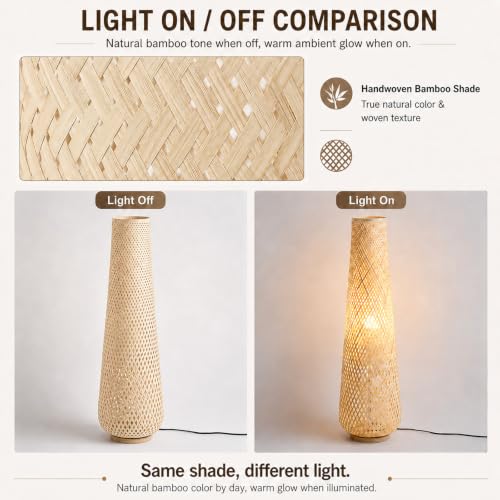 Image of Boho Style Bamboo Woven Floor Lamp for Living Room,36 in,Cozy Decor | Handcrafted Wicker Shade,Unique Shadow Pattern,No Assembly Required,3000K Warm Ambient Lighting,Suit for Bedroom Corner