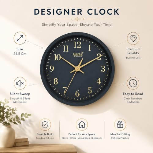 Image of Ajanta Wall Clock 24.5 cm Black Gold Designer Silent Sweep Clock