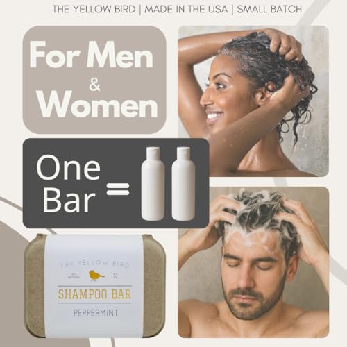 The Yellow Bird Peppermint Shampoo Bar Soap. Sulfate Free. Natural and Organic Ingredients. Anti Dandruff, Itchy Scalp, Psoriasis. Includes Conditioning Argan and Jojoba Oils.