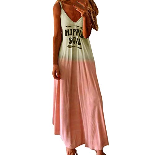 HJuyYuah Women's Hippie Soul Letter Sleeveless Gradual Print Long Dress Maxi Dress Pink
