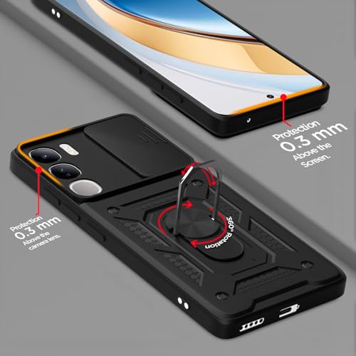 Image of Outlouders Back Cover for Vivo Y300 5G / Vivo V40 Lite 5G | D10 Tough Armor 360 Protection Case with Sliding Camera Shield & Ring Holder Stand Bumper Case (Black)
