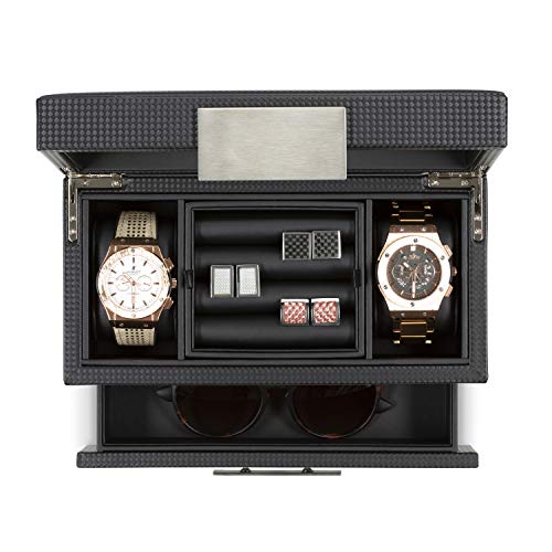 Glenor Co Valet Jewelry Watch Box For Men -Modern Carbon Fiber Texture Organizer With Glass Top, Drawer & Tray - Holder For Watches, Cufflinks, Sunglasses, Tie Clips & Accessories - Small Case - Black #TOP5
