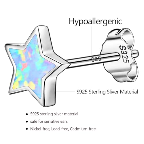 Hypoallergenic Star Earrings for Girls, S925 Sterling Sliver Stud Earrings For Women ARSKRO White Tiny Little Small Cute Fire Opal Earring Jewelry Gifts for Kids Sensitive Ears3