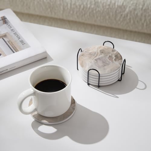 Image of Set of 6 Abstract Marble Coasters with Holder, Absorbent Ceramic Coasters for Drinks, Coasters with Cork Backing for Table Protection, Housewarming Gifts for New Home