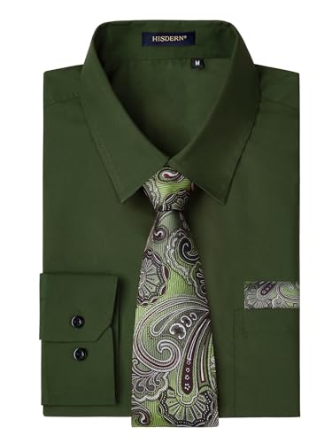 Image of HISDERN Mens Dress Shirt with Tie Pocket Square Set Classic Button Down Shirt Matching Tie Long Sleeve Shirts