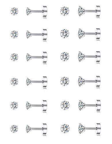 Tornito 12 Pairs Tiny Stud Earrings Stainless Steel Round Cubic Zirconia Barbell Stud Earrings Set For Men Women Screw Flat Back Earrings 2MM-3MM 20G