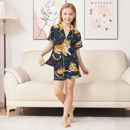 Satin Pajama Sets Short Sleeve Tiger Space Stars Planets Button Down Silky Nightwear 2 Piece PJS 5-14Y3