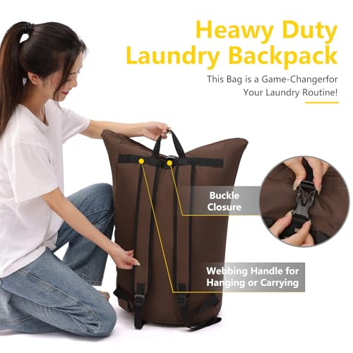 Image of laundry bag backpack,extra-large heavy duty laundry bags,laundry backpack for college students,drawstring closure (Brown)