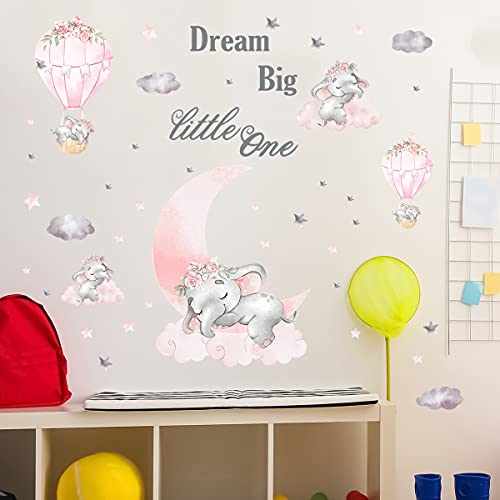 Dream Big Little One Elephant Wall Stickers,Inspirational Quotes Kids Wall Deor, Pink Watercolor Moon Hot Air Balloon Wall Decals For Nursery Baby Girls Bedroom Living Room Playroom Decoration #TOP3