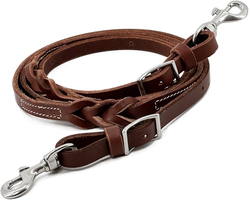 Jeereal Western Leather Roper Rein Barrel Rein Round Trail Rein Stainless Steel Hardware (5/8 x 8 | Harness Leather)