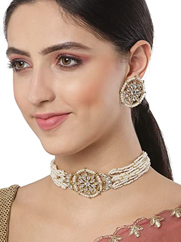 Karatcart Gold Plated Floral Kundan White Pearl Choker Necklace Set for Women - Image 4