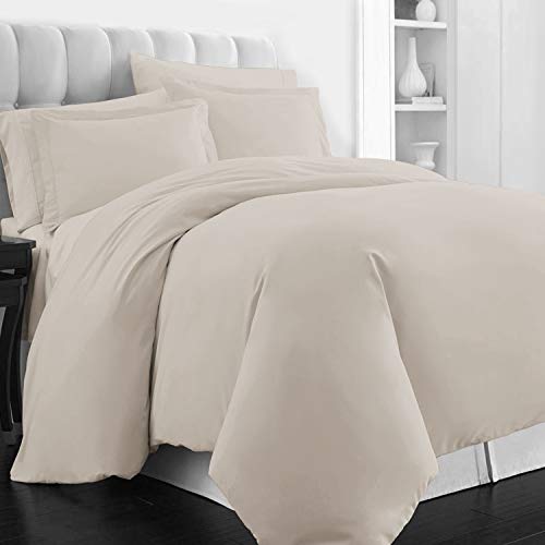 Pizuna 400 Thread Count Cotton Queen Duvet Cover Set, 100% Long Staple Cotton Beige Full Bed Set, Luxury Soft Sateen Quilt Cover with Button Closure (Beige Queen Bedding Sets)