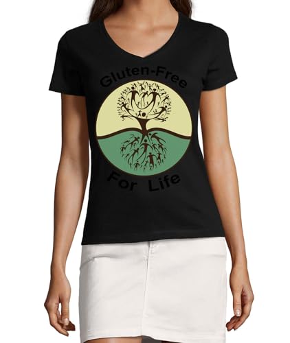 T-shirt Gluten Free for Life col V coton femme noir anti-irritation