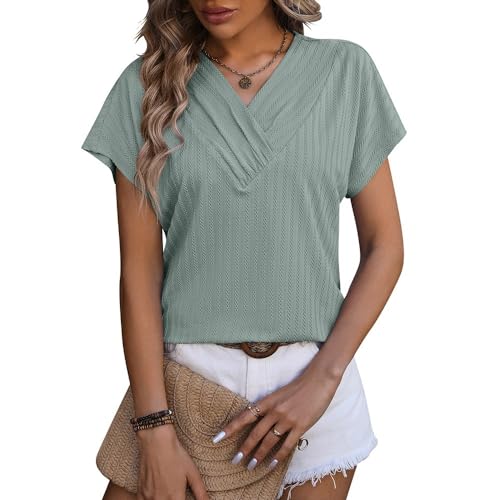 T-shirt rayé à col en V pour femme, haut ample d'été chic