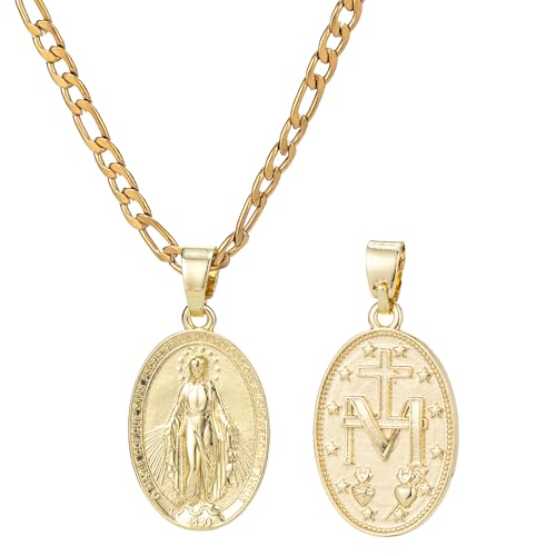 SAELACY Virgin Mary Necklace 14K Gold Plated Miraculous Medal Necklace Pendant Figaro Chain Necklaces Catholic Jewelry