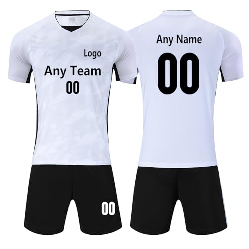 Customized Football Jerseys Youth Soccer Jersey Kids, Boys & Girls Football Fan Jersey 2-Pack T-Shirt & Shorts Kit Set (White)