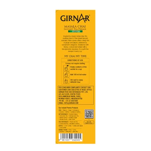 Image of Girnar Instant Masala Chai Premix With Stevia Black Tea Granules-10 Sachets,90 Grams