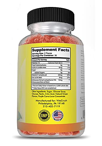 Vitacrush Vitamin C Gummies With Zinc Echinacea For Adults Kids Chewable Gummy Vitamin Supplement 3 In 1 Immune System Support, 60 Count #TOP1