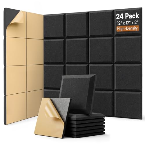Image of SODOCT 24 Pack Acoustic Foam Panels Flat Shape, Self-Adhesive 12 x 12 x 2 Inches, High-Density Acoustic Foam, Sound Proofing, Sound Absorbing Panels for Studio, Podcast, Home Office