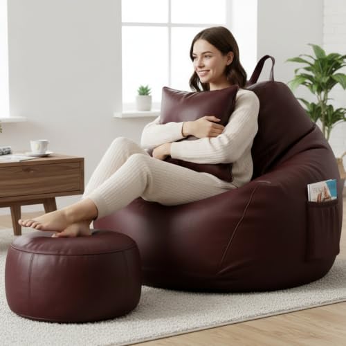 Image of KAM'S LIEU Leatherette Bean Bag Chair with Footrest | Filled with EPS Beans | Comfortable Sofa for Living Room & Bedroom | 4XL Size, Easy to Clean Color- (Maroon)