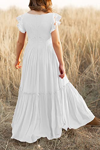 Mitilly Girls Lace Flower Ruffle Sleeve A-Line Swing Wedding Party Long Maxi Dress With Pockets 12 Years White #TOP2