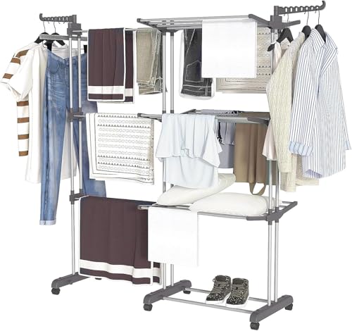 Livhome 4 Tier Foldable Clothes Airer, Extendable Drying Rack, Adjustable Clothes Hanger, Indoor/Outdoor Laundry Storage Solution for Drying Clothes & Towels