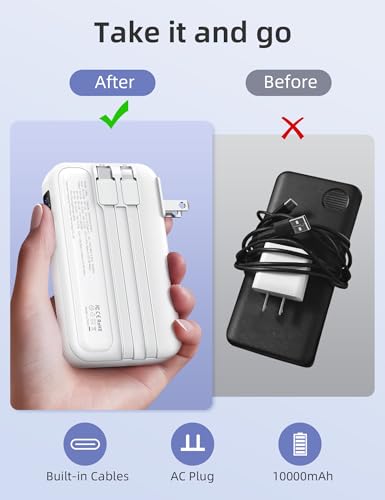 Image of RORRY Portable Charger w /Wall Plug 10000mAh Power Bank 22.5W Battery Pack | Built in Cables, Fast Charging, for iPhone, iPad, Samsung Galaxy, Pixel, LG, Travel Essential, Digital Display, Pocket Size
