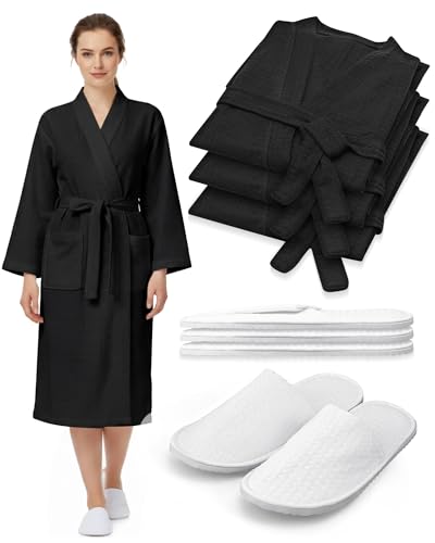 Image of Jecery Waffle Bathrobe and Slippers Bulk Set Spa Robes Hotel Bath Lightweight Thin Commercial Soft for House Shower Party