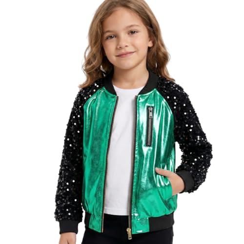 Image of WELAKEN Girls Sequin Sparkle Zip Bomber Jacket | Sequin sleeves, shiny bomber style, ribbed trim, smooth zipper and side pockets for party, dance, school and photos