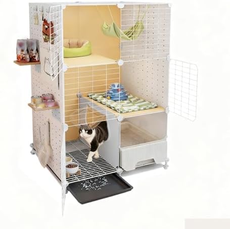 Indoor Cat Cage with Pull-Out Litter Box Tray, Iron Wire & PP Panels, Multi-Level Pet Playpen for Apartments & Small Homes (72x36x113cm)