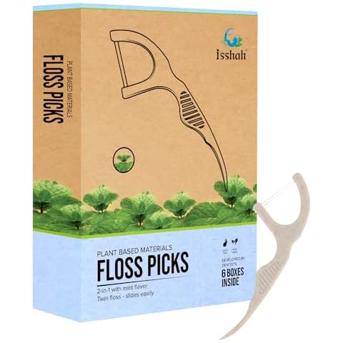 Natural Dental Floss Picks (300 Count) - Plant Based, PETA Approved Vegan, Eco Friendly, Sustainable Dental Flossers - Twin Floss (Mint) Cover