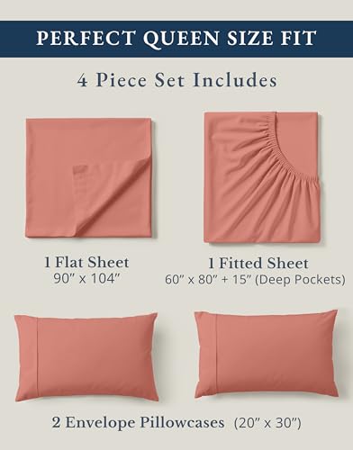 Image of LANE LINEN 100% Organic Cotton Queen Sheets, Eco Friendly Mercerized Cotton Fully Elasticized Bedding Sheets & Pillowcase Set, Low Pill Fade Resistant Naturally Cooling Bedding Queen Size- Rose Dawn
