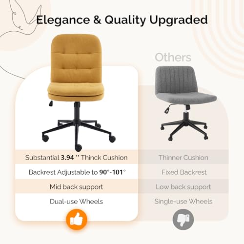 VINGLI Mid Back Armless Office Desk Chair with Wheels/no Wheels,360°Rocking Swivel Vanity Chair with Thickened Cushion,Adjustable Height Rolling for Reading Room, Make up, Linen Ginger Yellow