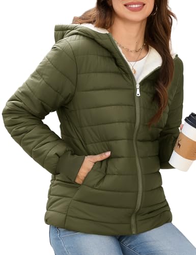 Wiepux Women's Short Coat Puffer Jacket with Hooded Winter Outerwear,Army Green,L