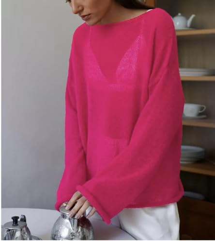 Image of Sweters for Women, Womens Sweater, O-Neck Solid Color See Through Pullover Jumper Shirt Beach