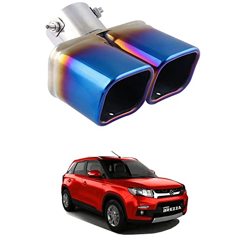 Image of Oshotto Stainless Steel SS-010-BLUE Car Exhaust Tailpipe Dual Pipe Cover Compatible with Maruti Suzuki Brezza - Multicolor