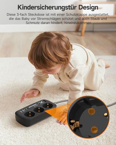 3 Fach Steckdose mit Überspannungsschutz Mehrfachsteckdose 4 USB(2 USB-C), Steckdose mit Schalter und 1,5m Kabel Steckdosenleiste Wandmontage für Heim Büro, Schwarz