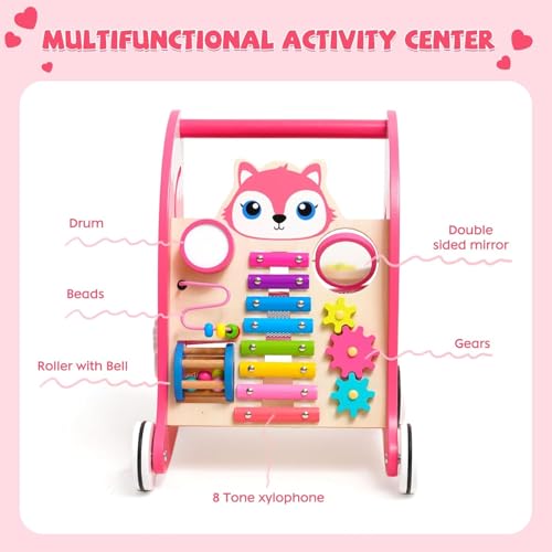Miniatura 5 de Euleuy Andador Madera Bebe Con Características Montessori Multifuncionales Tacata Bebe Con Xilófono, Instrumentos Musicales Y Clasificador De Formas.Correpasillos Bebe 6-12 Meses Rosa .